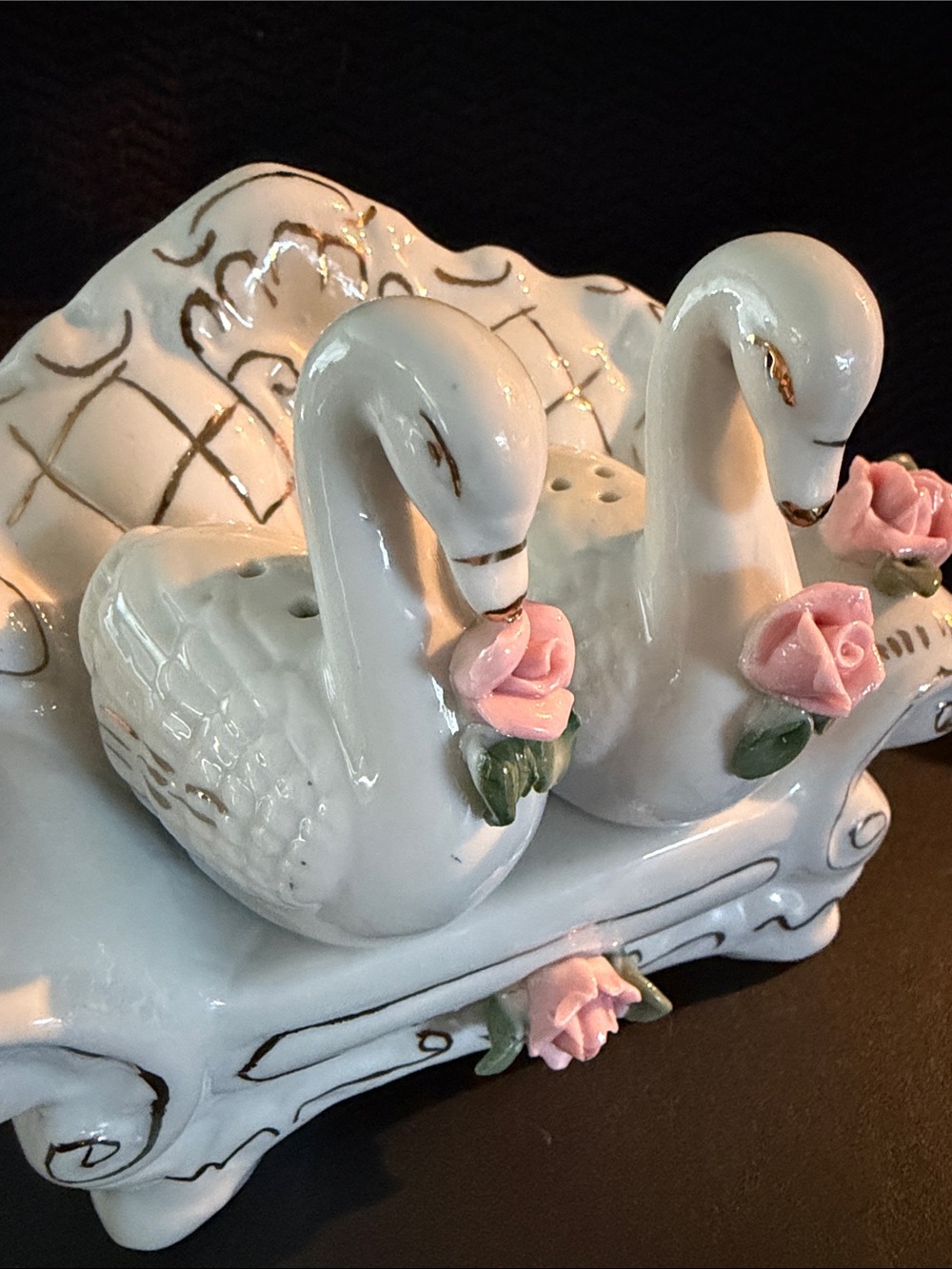 Vintage White Ceramic Swan Salt and Pepper Shakers On Sofa with Pink Roses